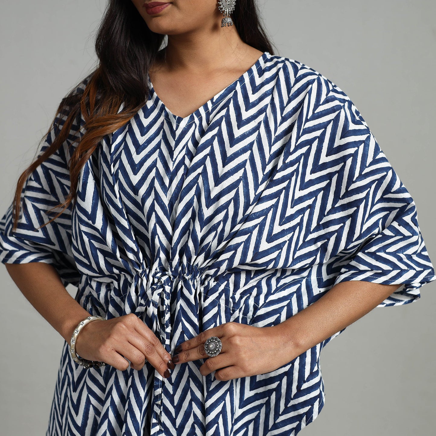  Blue Hand Printed Cotton Kaftan with Tie-Up Waist