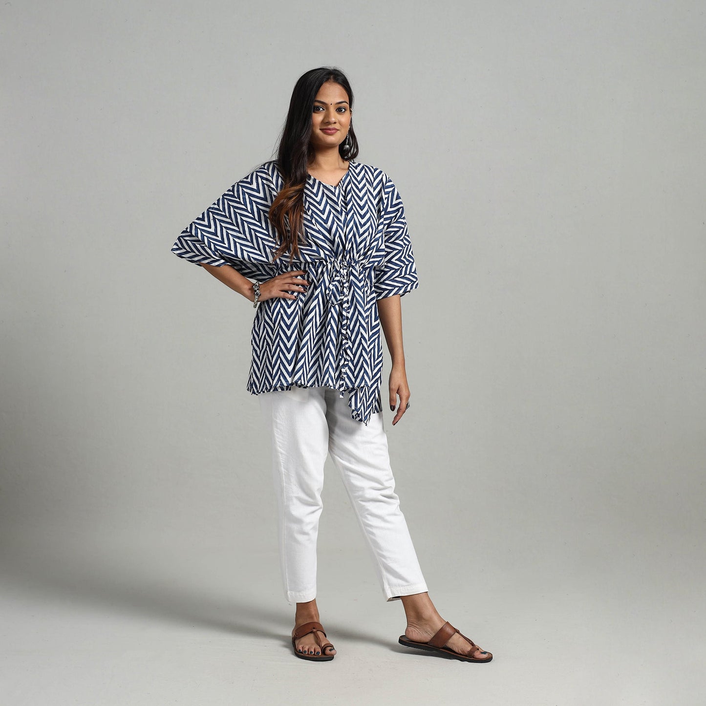  Blue Hand Printed Cotton Kaftan with Tie-Up Waist