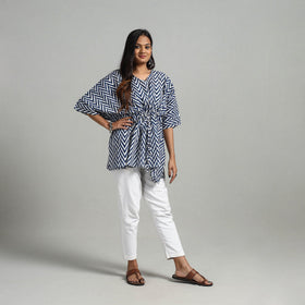  Blue Hand Printed Cotton Kaftan with Tie-Up Waist