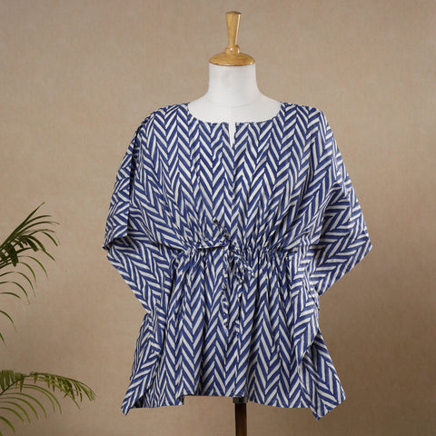 Blue - Hand Block Printed Cotton Kaftan with Tie-Up Waist (Short)