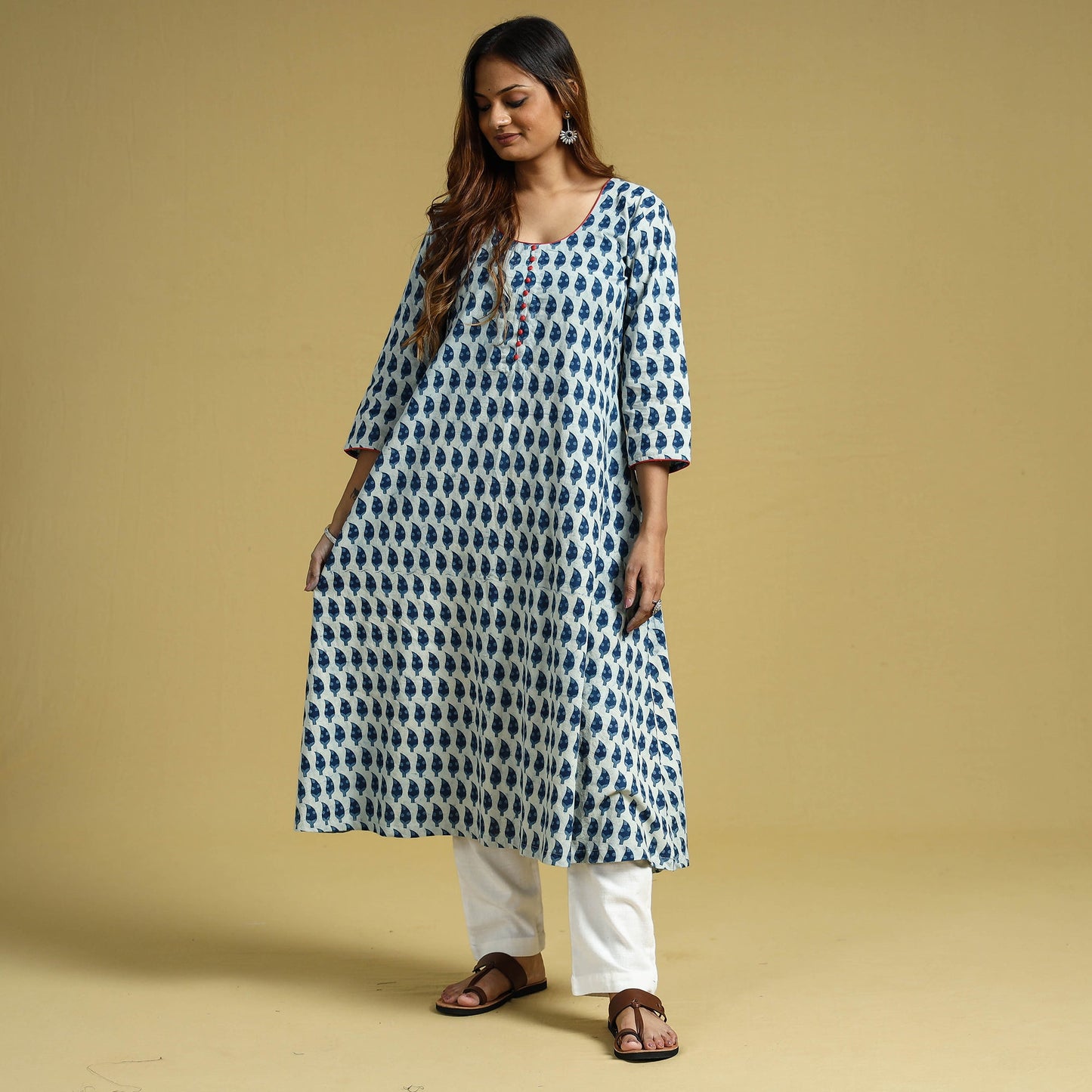  Indigo Hand Block Printed Cotton Long Kurta 