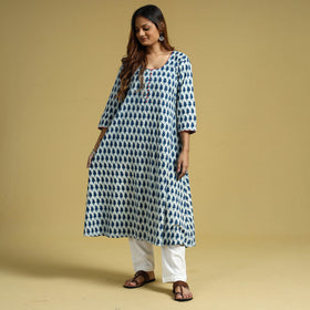  Indigo Hand Block Printed Cotton Long Kurta 