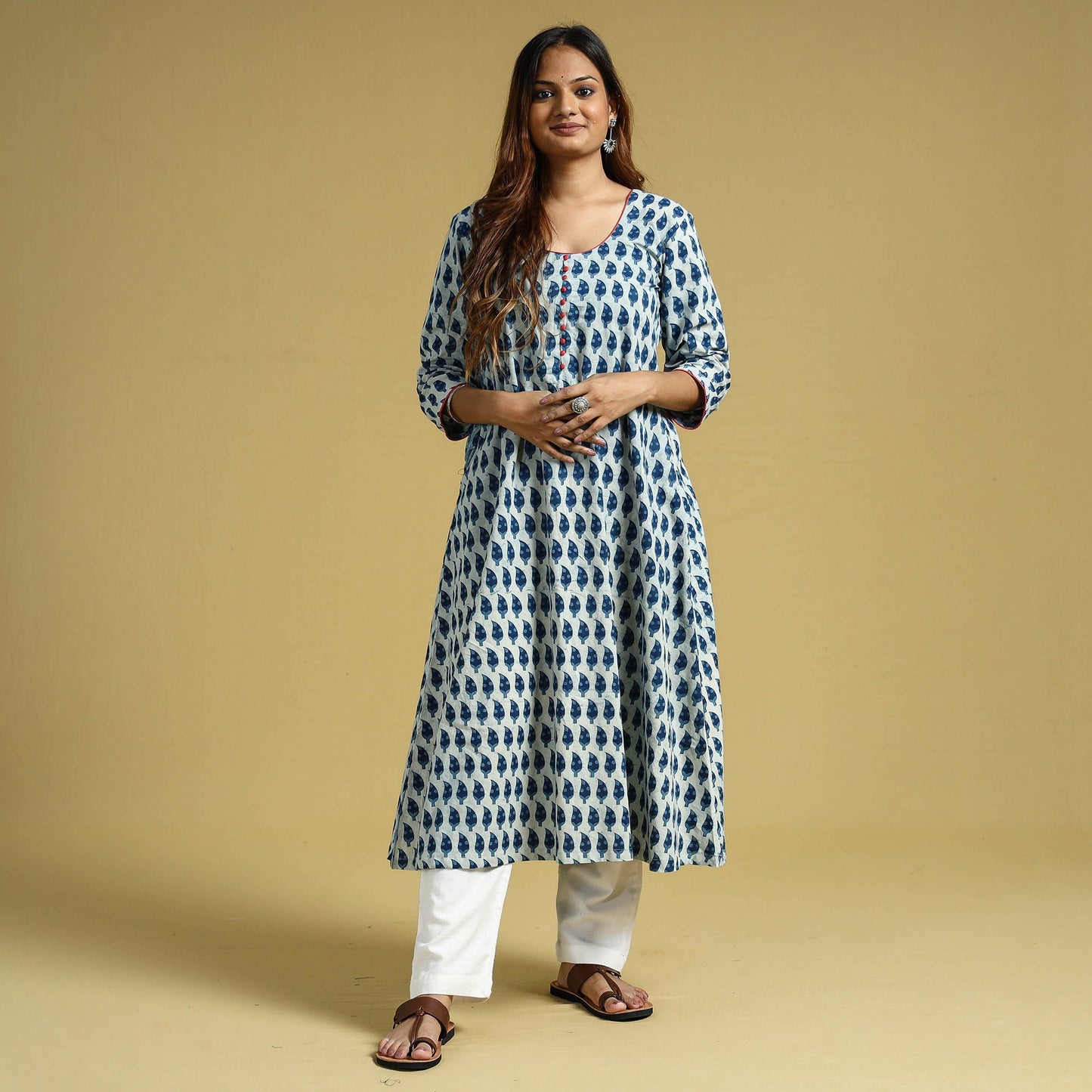  Indigo Hand Block Printed Cotton Long Kurta 