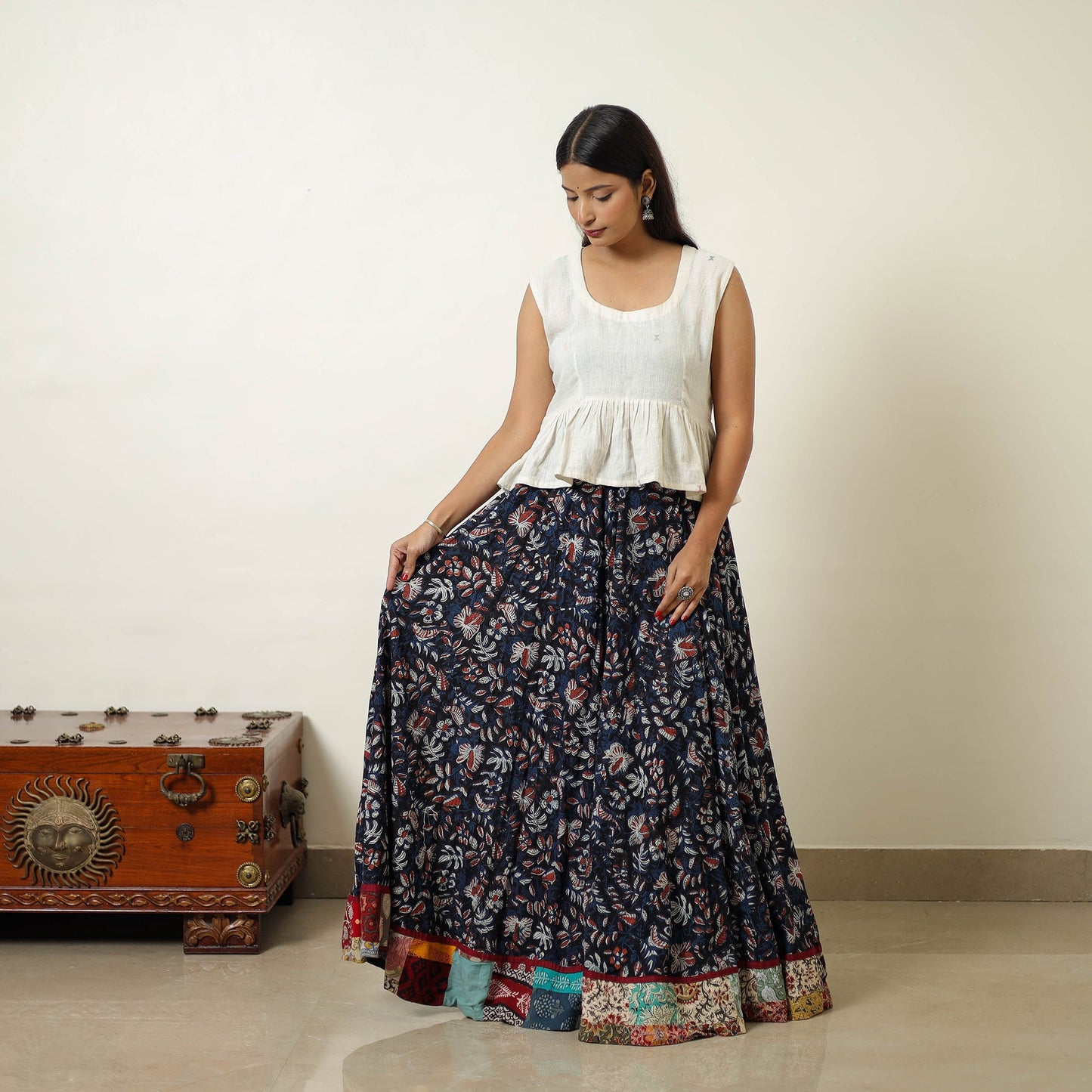  Blue Block Printed Cotton Bagru Skirt 