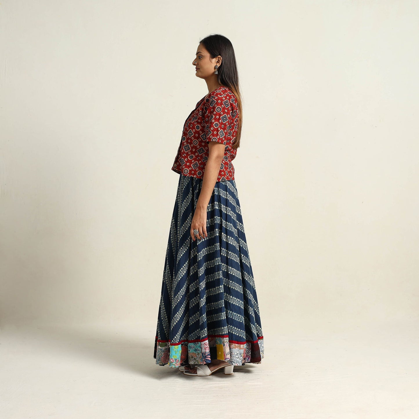 Blue - hand printed cotton long skirt 09 - handcrafted