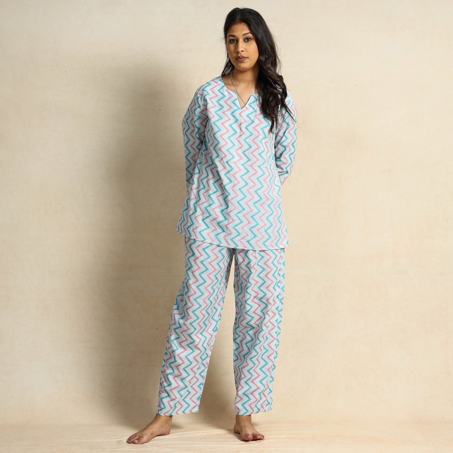 Blue Hand Block Printed Cotton Night Suit 