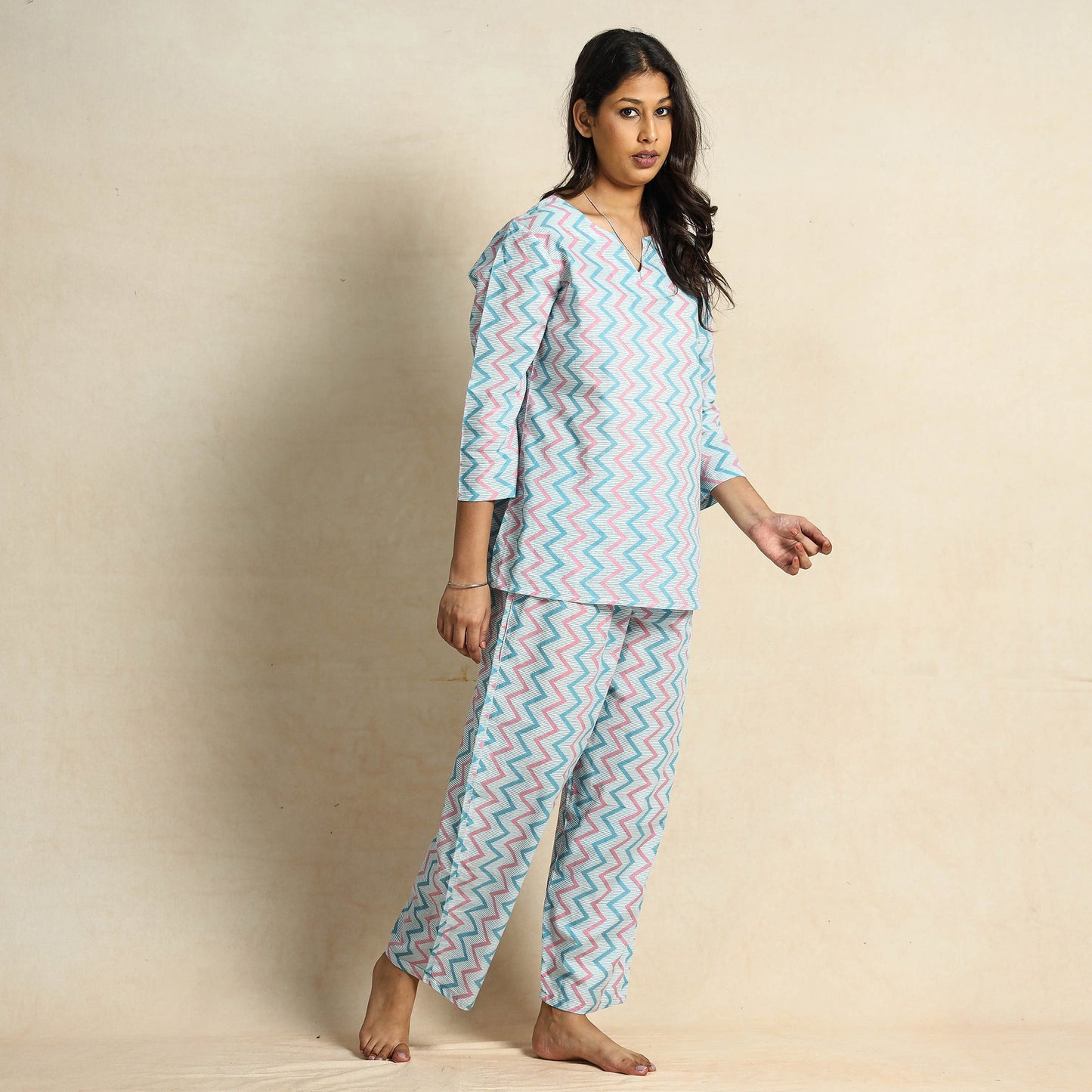 Blue Hand Block Printed Cotton Night Suit 