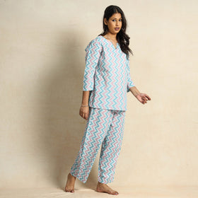 Blue Hand Block Printed Cotton Night Suit 