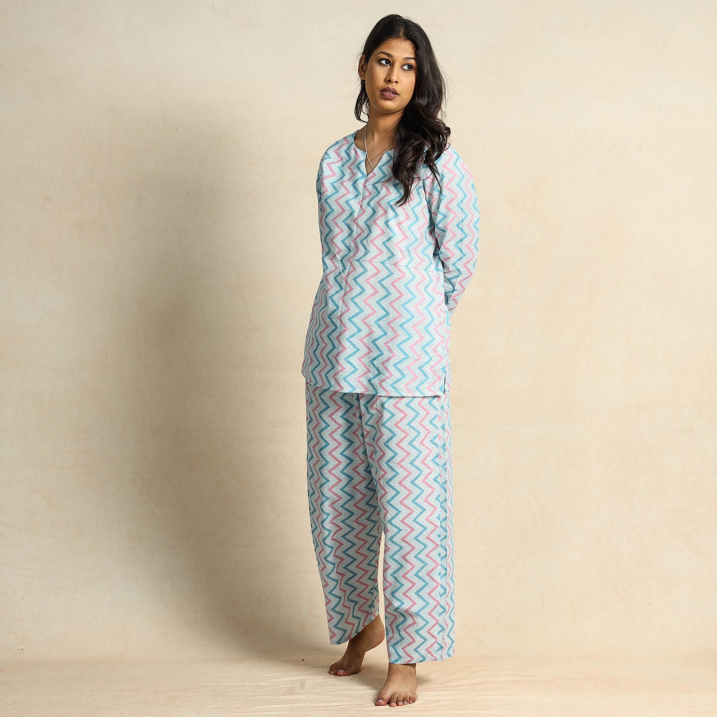 Blue Hand Block Printed Cotton Night Suit 