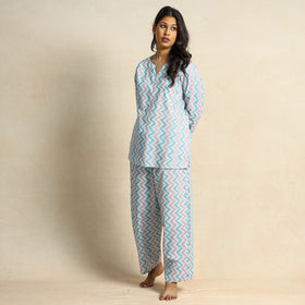Blue Hand Block Printed Cotton Night Suit 