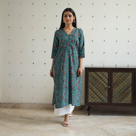 Blue Hand Block Print Cotton Straight Bagru Kurta for Women