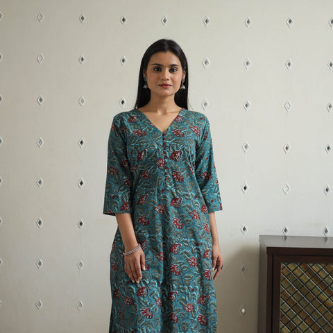 Blue Hand Block Print Cotton Straight Bagru Kurta for Women