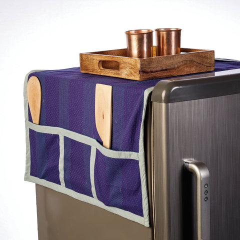 Blue Hand Block Printing Cotton Fridge Top Cover with Pockets Top Cover