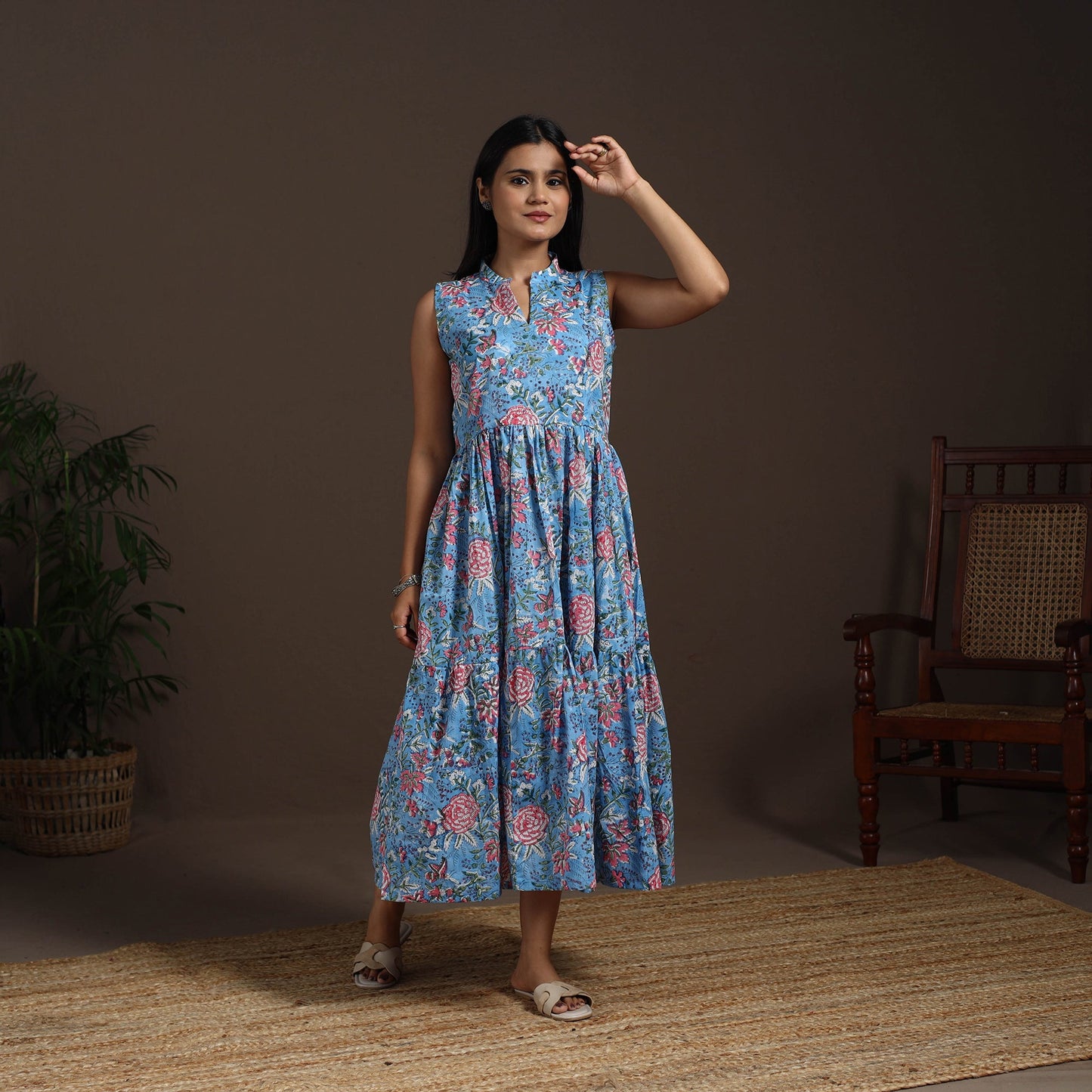 Blue - hand tiered sanganeri dress 07 - handcrafted