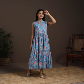 Blue - hand tiered sanganeri dress 07 - handcrafted