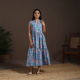 Blue - hand tiered sanganeri dress 07 - handcrafted