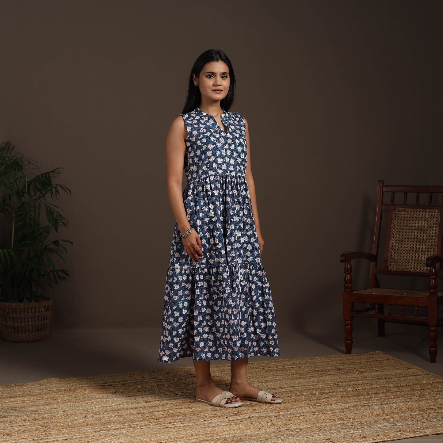 Blue - hand tiered sanganeri dress 08 - handcrafted