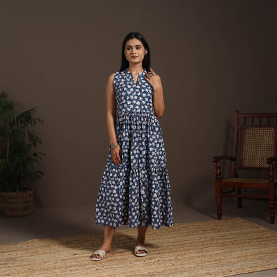 Blue - hand tiered sanganeri dress 08 - handcrafted