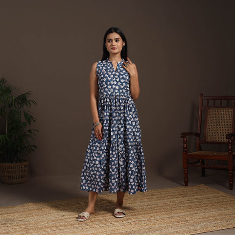 Blue - hand tiered sanganeri dress 08 - handcrafted