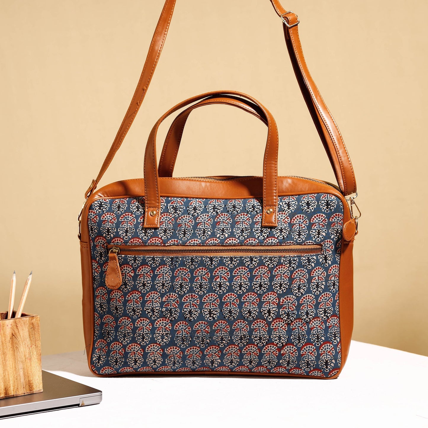  Handcrafted Ajrakh Block Printed Cotton Laptop Bag 