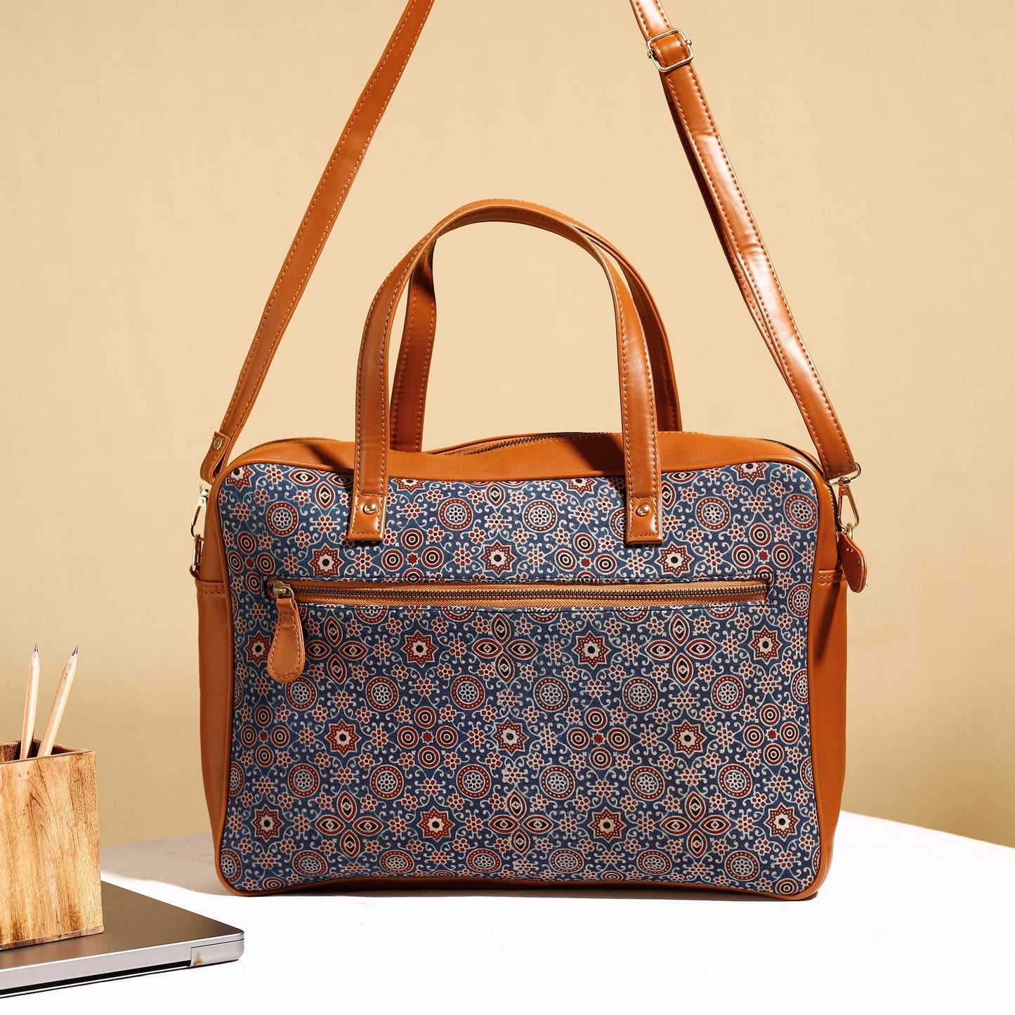  Handcrafted Ajrakh Block Printed Cotton Laptop Bag 