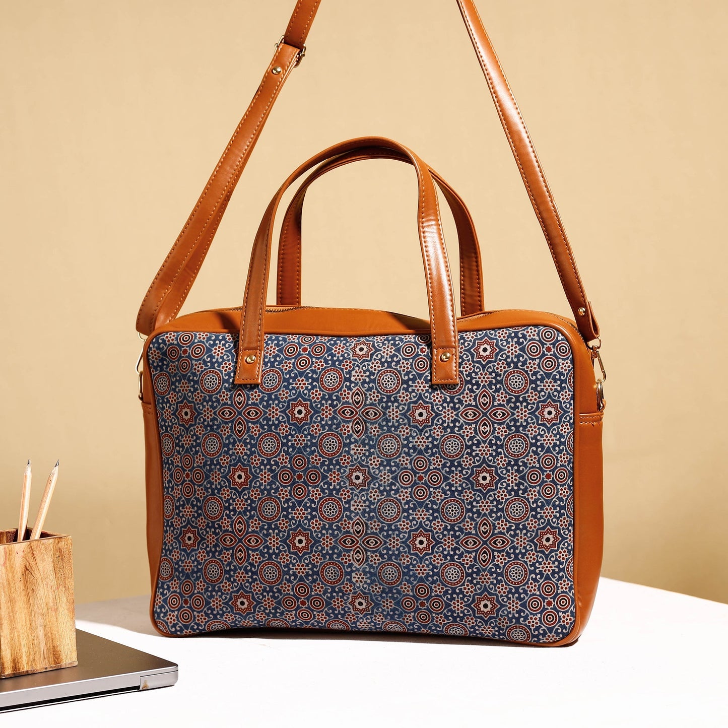  Handcrafted Ajrakh Block Printed Cotton Laptop Bag 