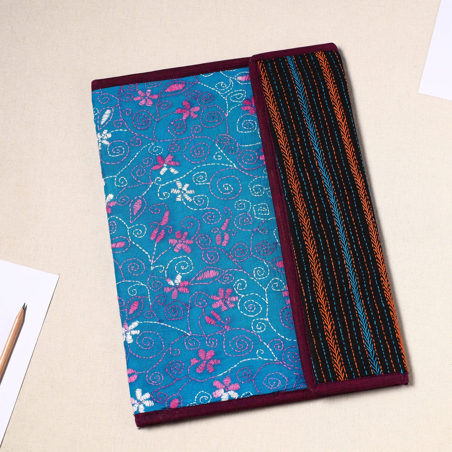 Blue Handcrafted Bengal Kantha Work File Folder