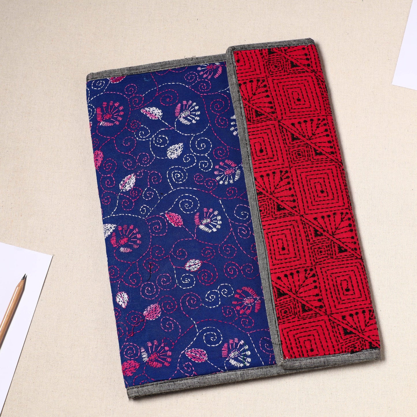Blue Handcrafted Bengal Kantha Work File Folder