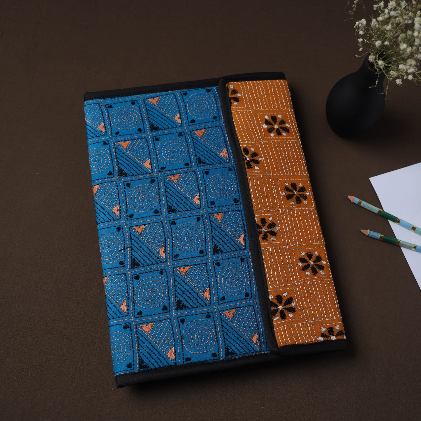 Blue Handcrafted Bengal Kantha Work File Folder