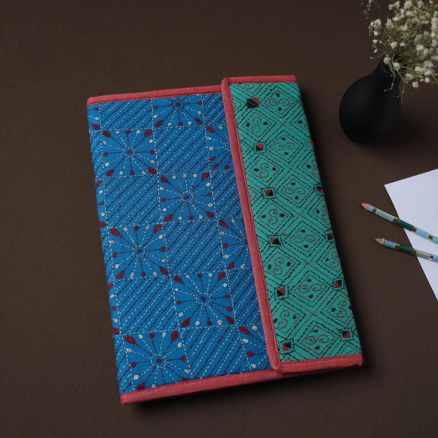 Blue Handcrafted Bengal Kantha Work File Folder