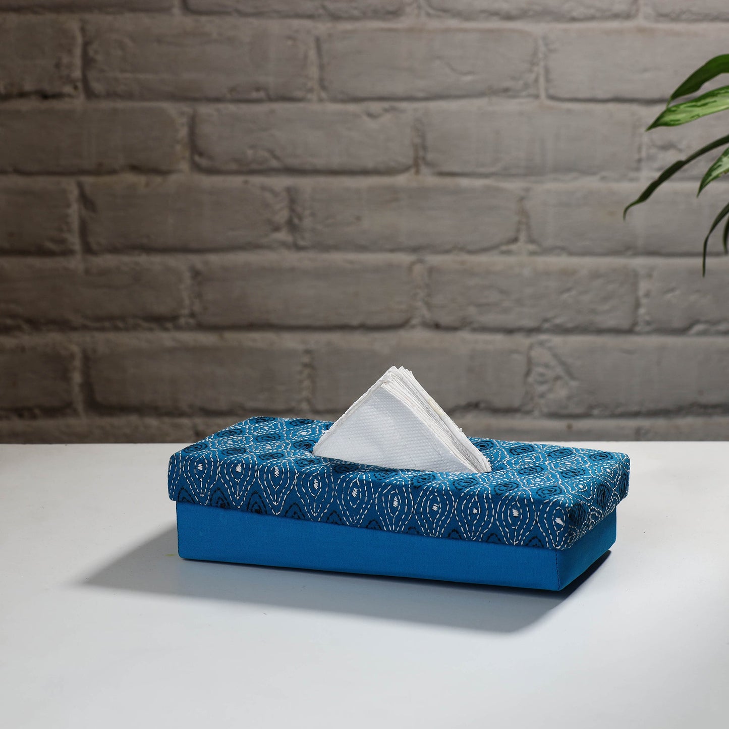  Blue Handcrafted Bengal Kantha Work Tissue Box 