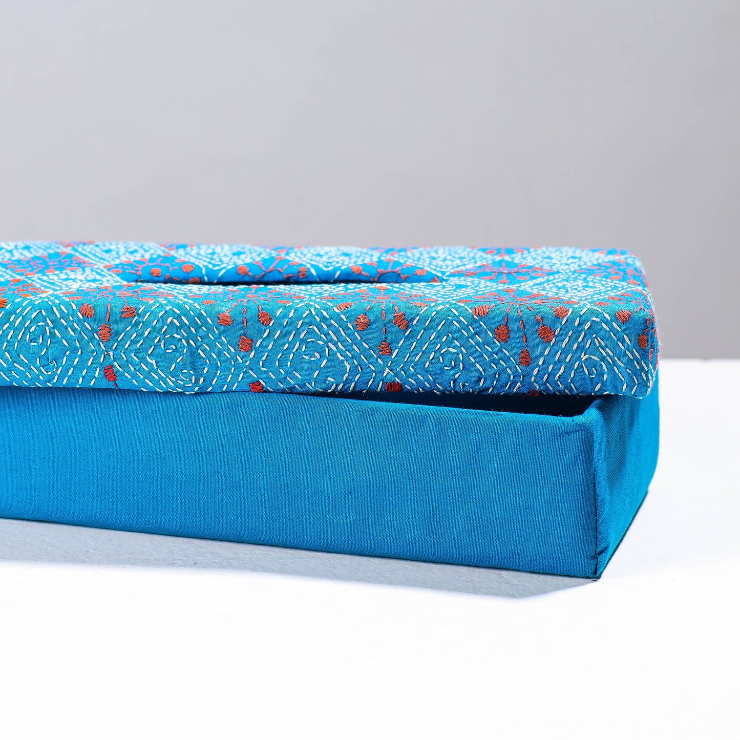  Blue Handcrafted Bengal Kantha Work Tissue Box 