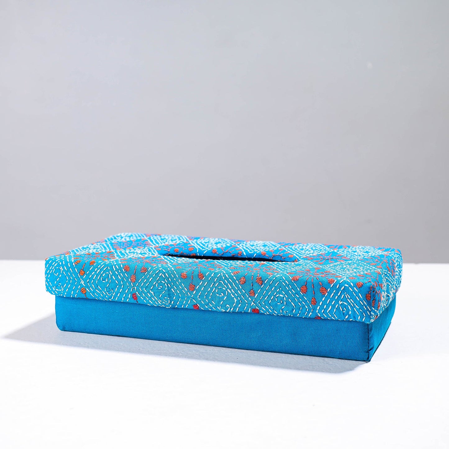  Blue Handcrafted Bengal Kantha Work Tissue Box 