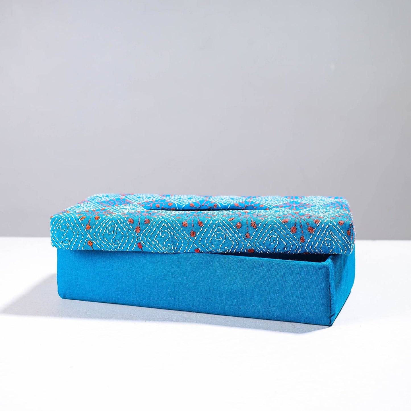  Blue Handcrafted Bengal Kantha Work Tissue Box 