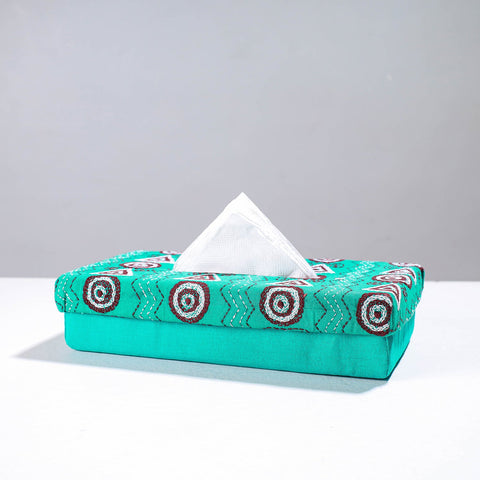 Blue Handcrafted Bengal Kantha Work Tissue Box 