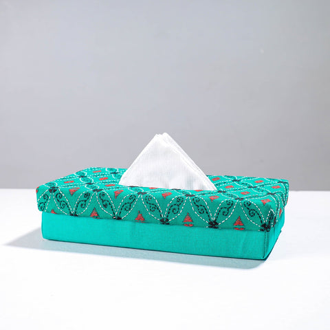  Blue Handcrafted Bengal Kantha Work Tissue Box 