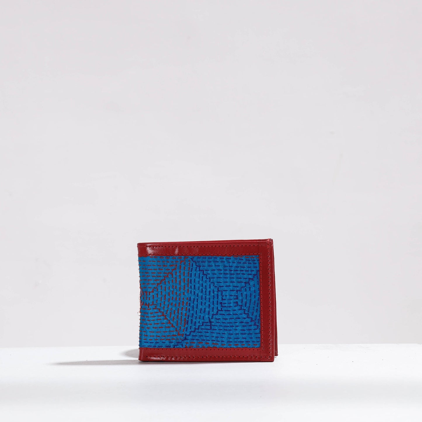 Blue Handcrafted Kantha Embroidery Silk & Leather Unisex Wallet
