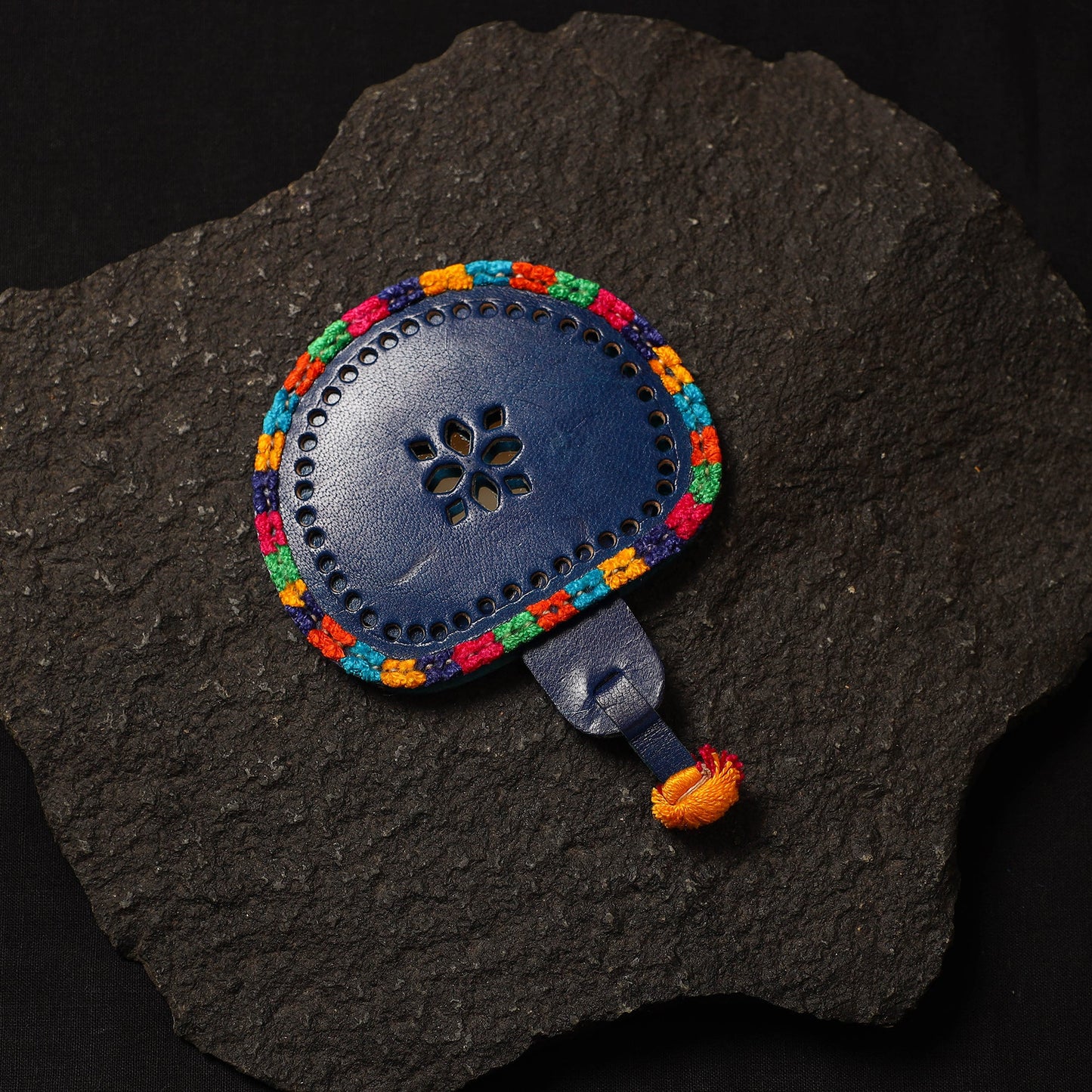 Blue Handcrafted Kutch Cutwork Leather Hand Mirror with Pouch