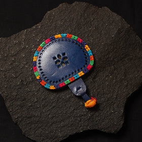 Blue Handcrafted Kutch Cutwork Leather Hand Mirror with Pouch