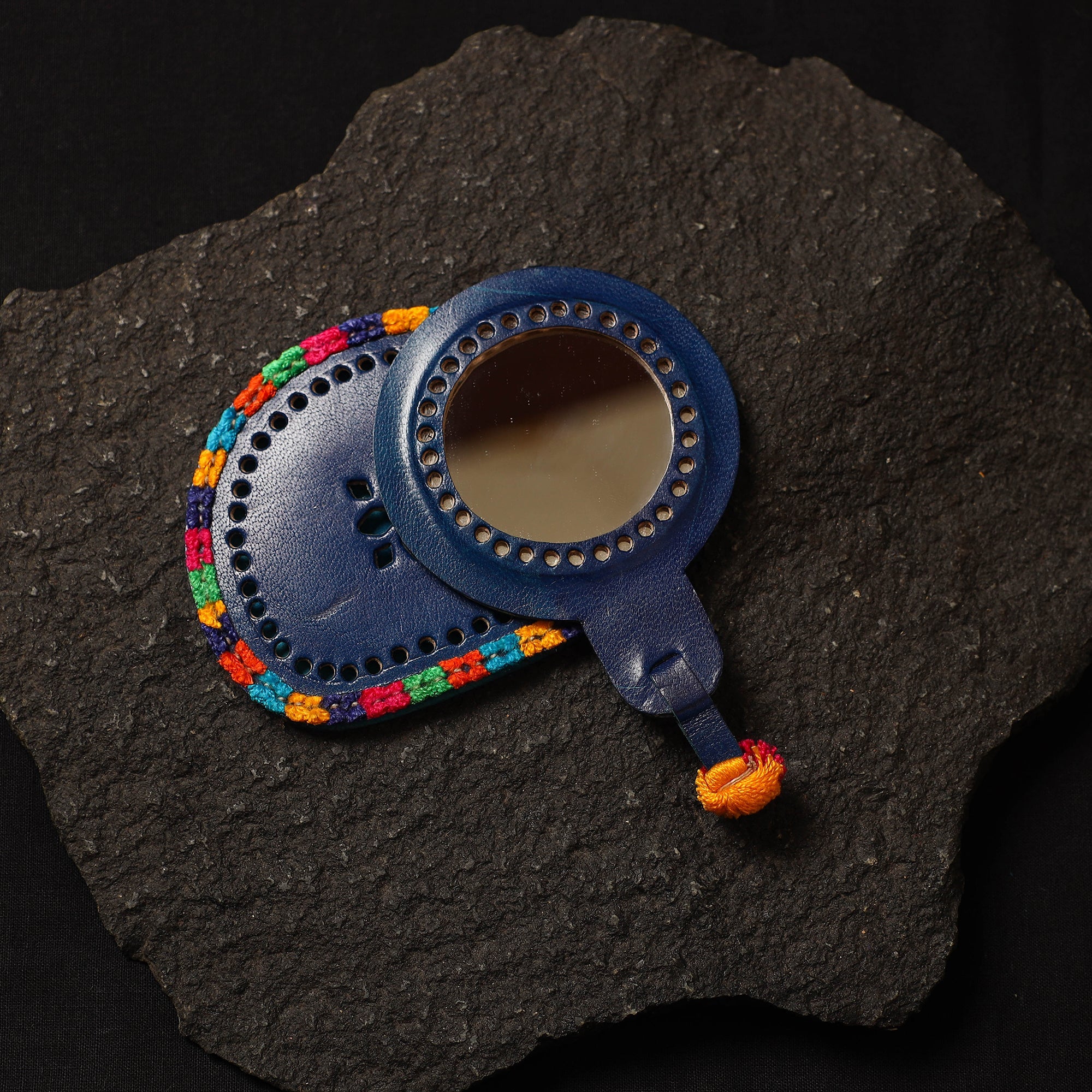 Blue Handcrafted Kutch Cutwork Leather Hand Mirror with Pouch