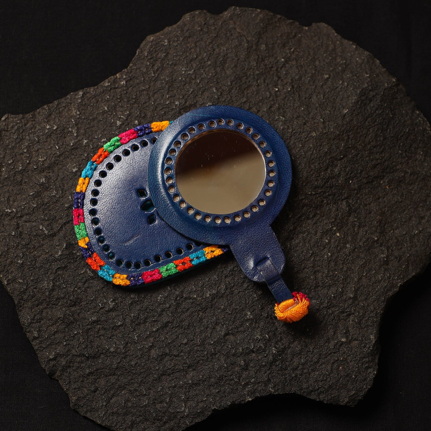 Blue Handcrafted Kutch Cutwork Leather Hand Mirror with Pouch