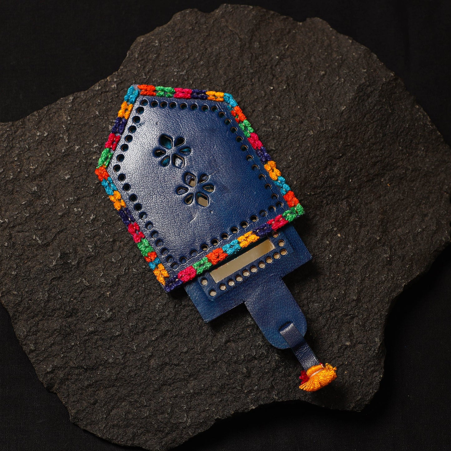 Blue Handcrafted Kutch Cutwork Leather Hand Mirror with Pouch