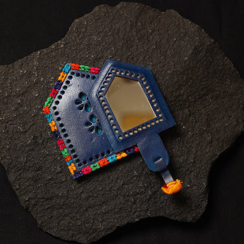 Blue Handcrafted Kutch Cutwork Leather Hand Mirror with Pouch