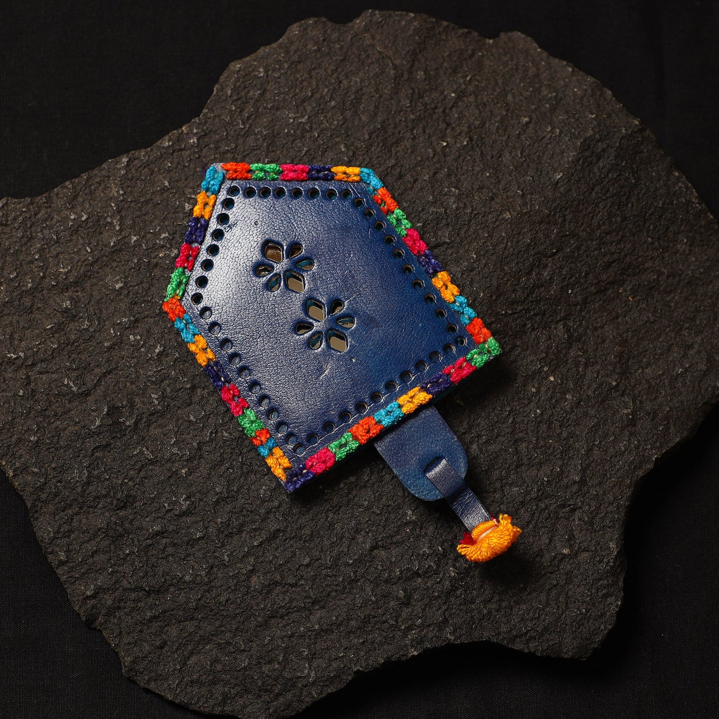 Blue Handcrafted Kutch Cutwork Leather Hand Mirror with Pouch