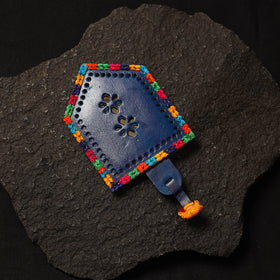 Blue Handcrafted Kutch Cutwork Leather Hand Mirror with Pouch