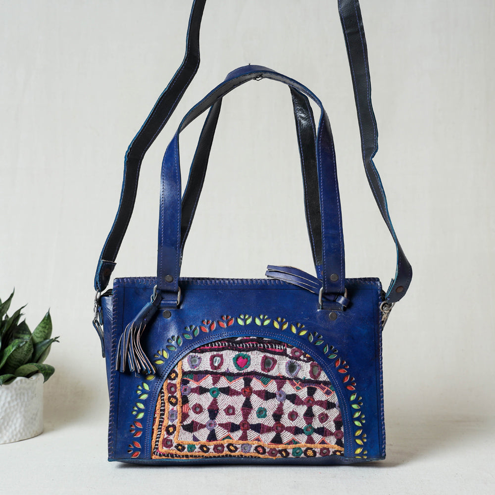 Blue Handcrafted Kutch Leather Vintage Embroidery Hand Bag