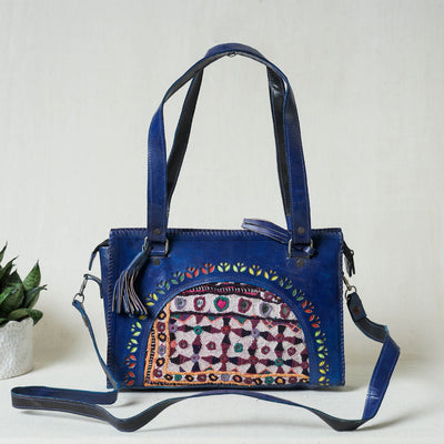 Blue Handcrafted Kutch Leather Vintage Embroidery Hand Bag