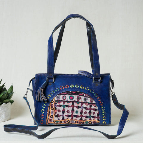 Blue Handcrafted Kutch Leather Vintage Embroidery Hand Bag