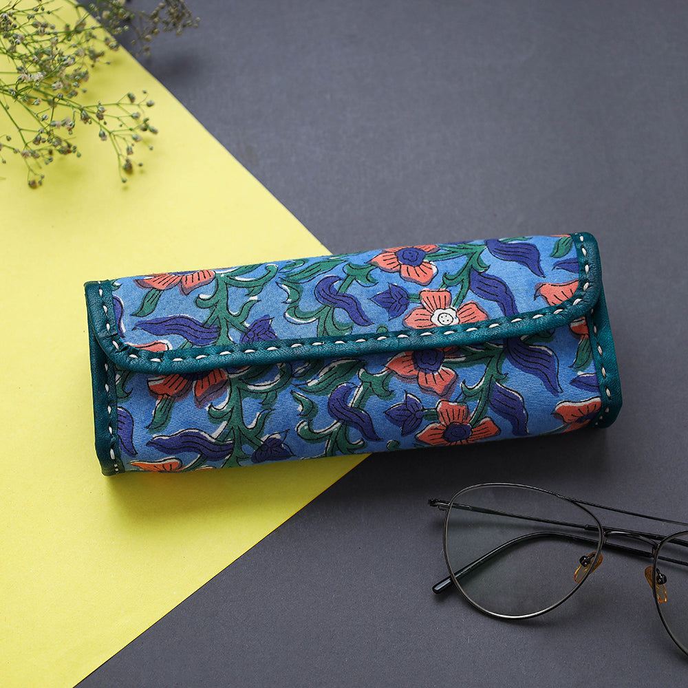 Blue Handcrafted Leather Sanganeri Block Printed Spectacle Case