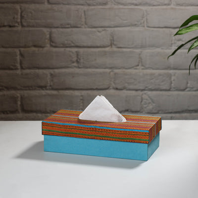  Blue Handcrafted Mashru Silk Fabric Tissue Box 